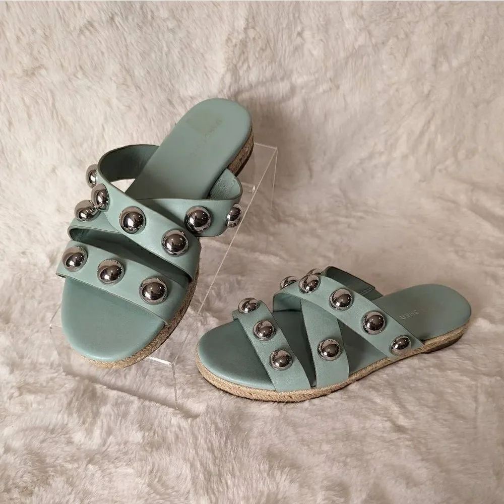 Marc Fisher Prisca Ball-Studded Espadrille Sandals Sage Green Size 8.5